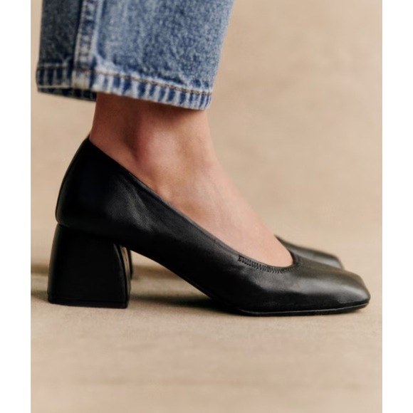 Sezane Shoes - Sézane LesSouliers Black Leather Block Heel Pumps Square Toe Portugal EU 38 US 7